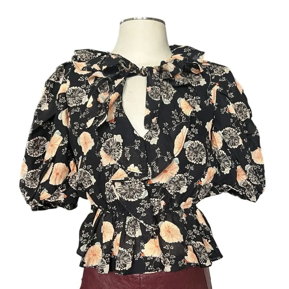 Ulla Johnson Size 4 Nadya Black Gardenia Floral Ruffle Peplum Cotton Blouse